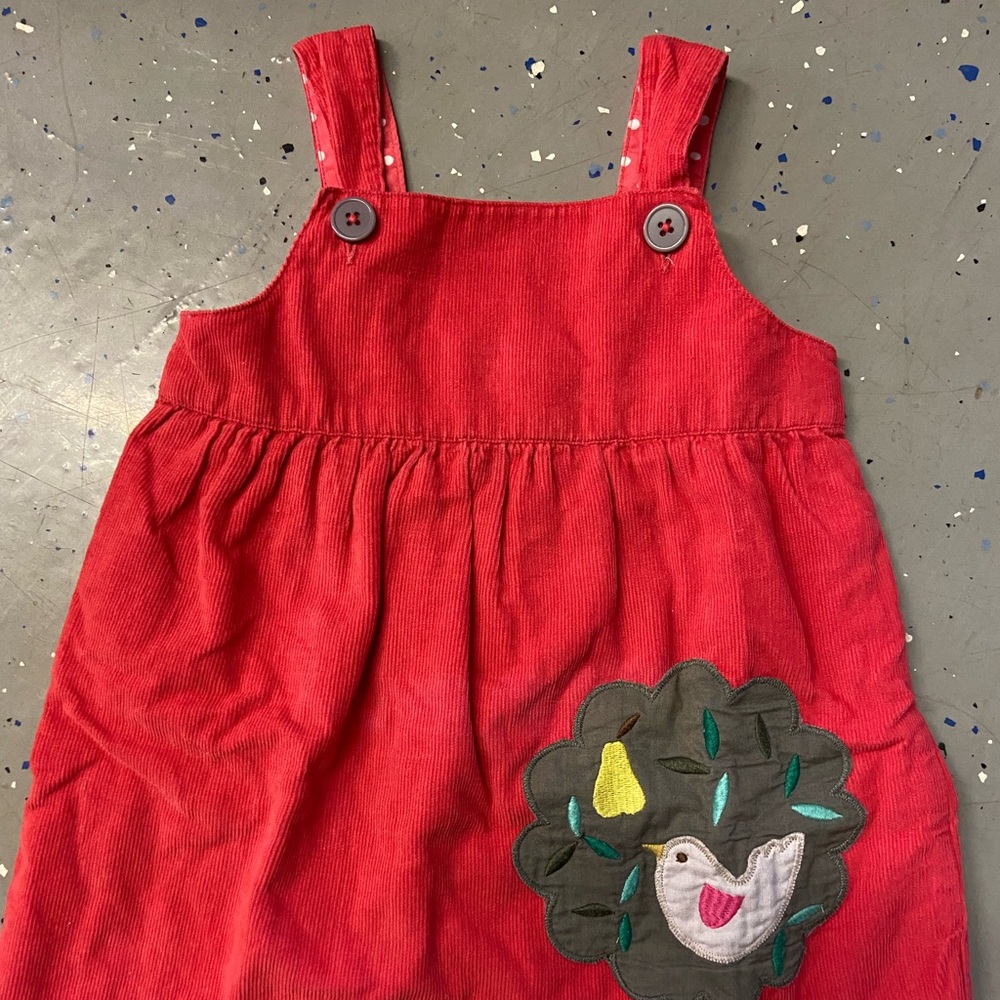 Baby Boden Red Corduroy Pinafore Dress with Bird Applique